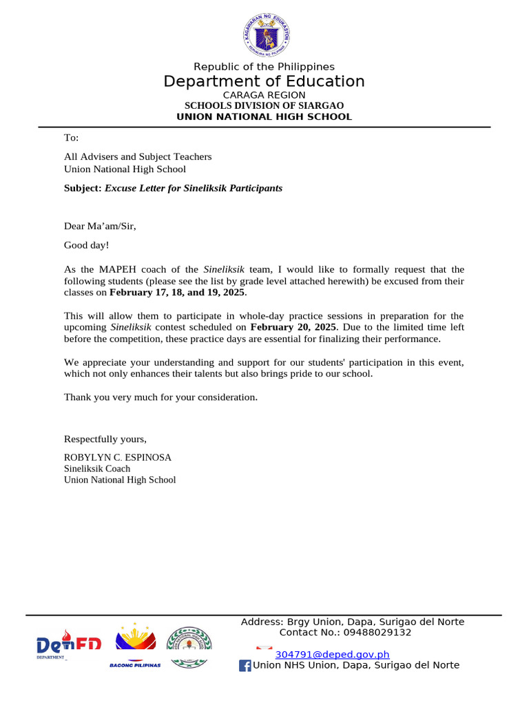 Excuse Letter For Teachers For Bayle Participants | PDF | Public ...