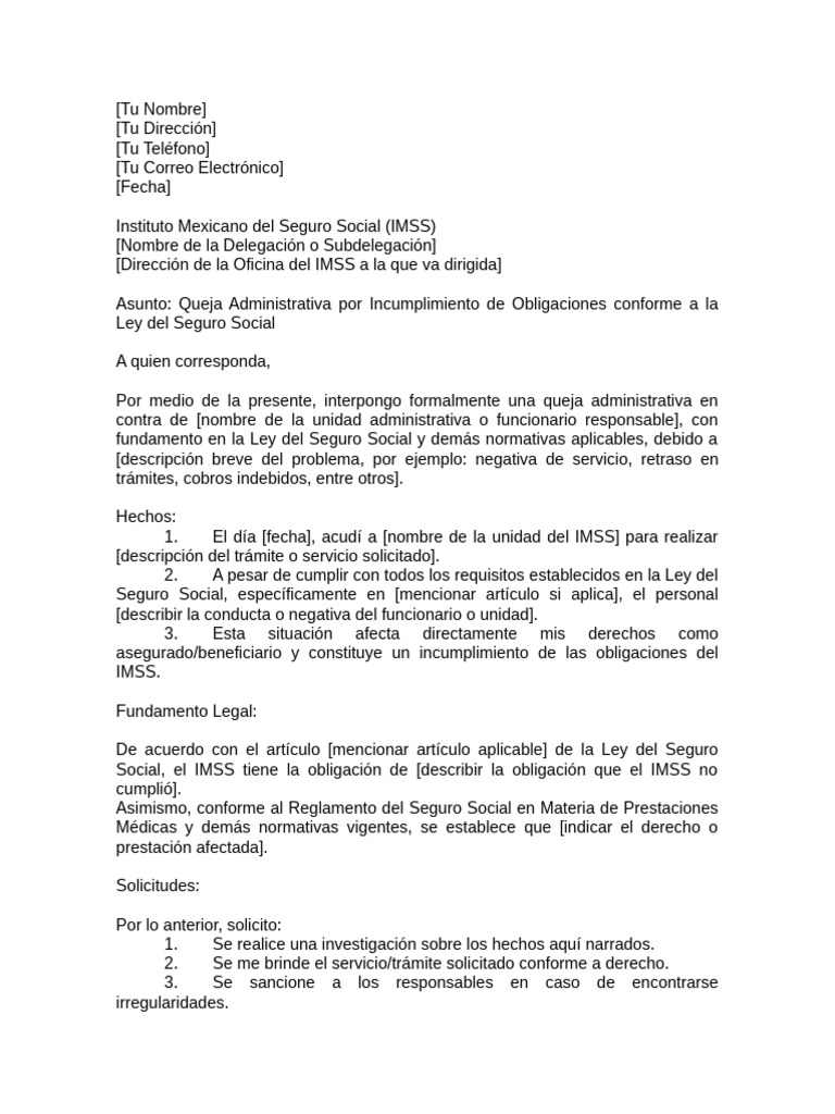 Queja Administrativa ante el IMSS | PDF