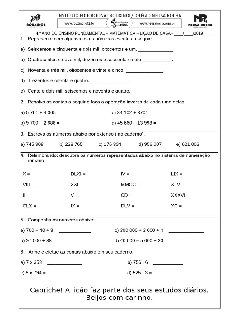 Lição de Matemática 4º Ano: Exercícios | PDF