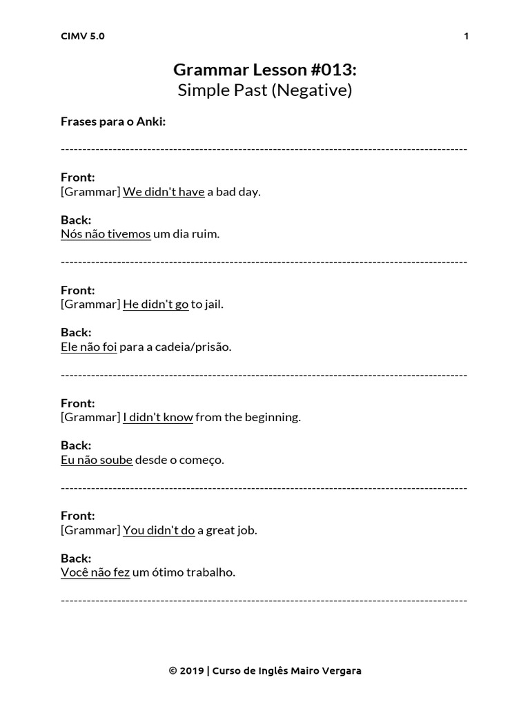 Frases no Simple Past Negativo | PDF | Música gravada | Gravação de som