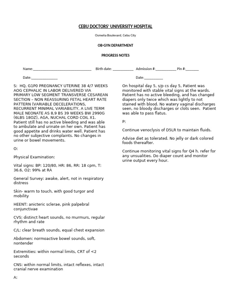 Progress Notes Sheet 1 YOSORES | PDF | Childbirth | Medical Specialties