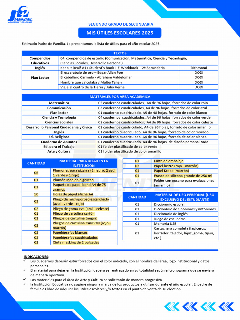 Lista de Útiles Escolares 2025 2º Secundaria | PDF | Papelería