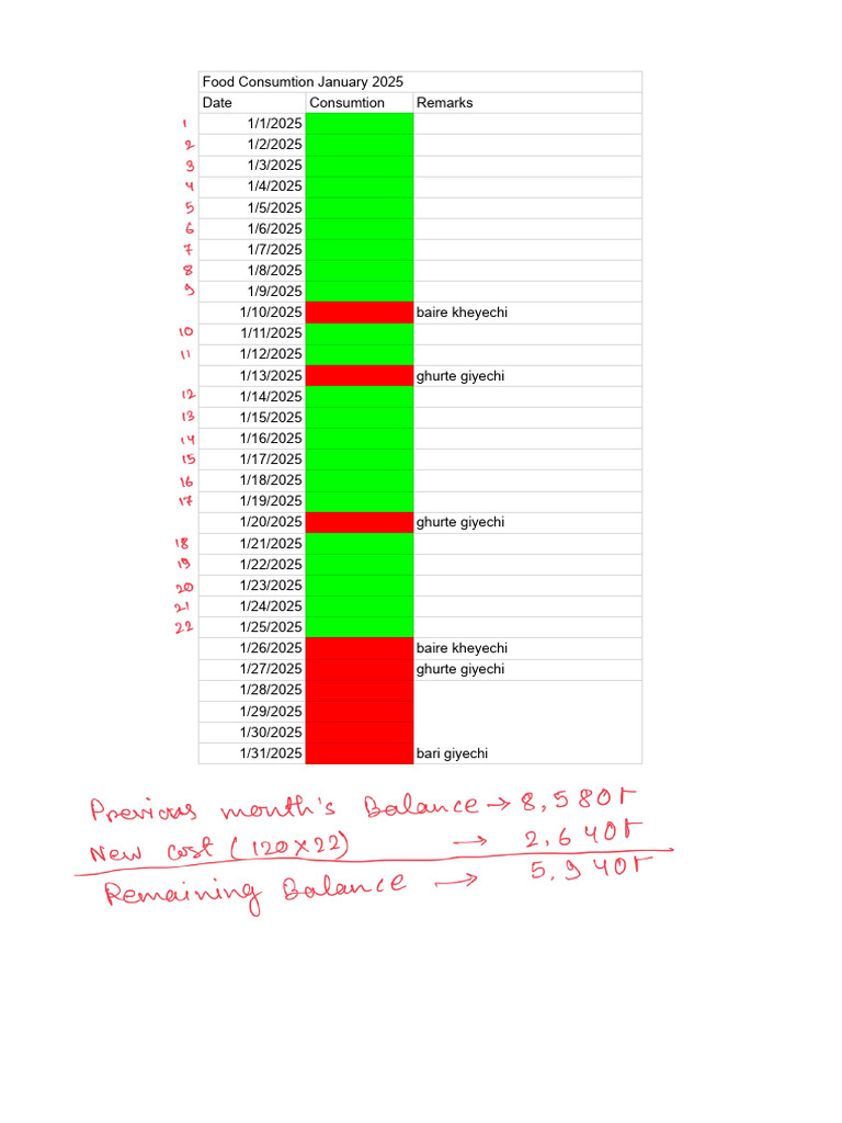 January 2025 Food Consumption Log | PDF