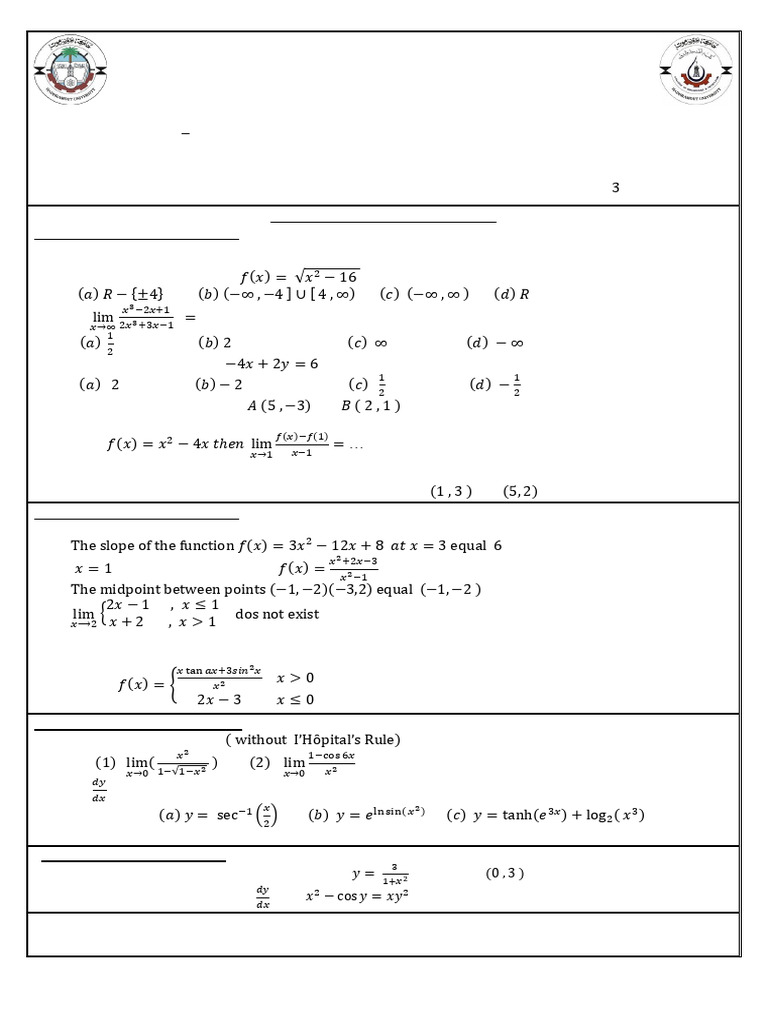 تفاضل اختبار شهري | PDF | Tangent | Elementary Mathematics
