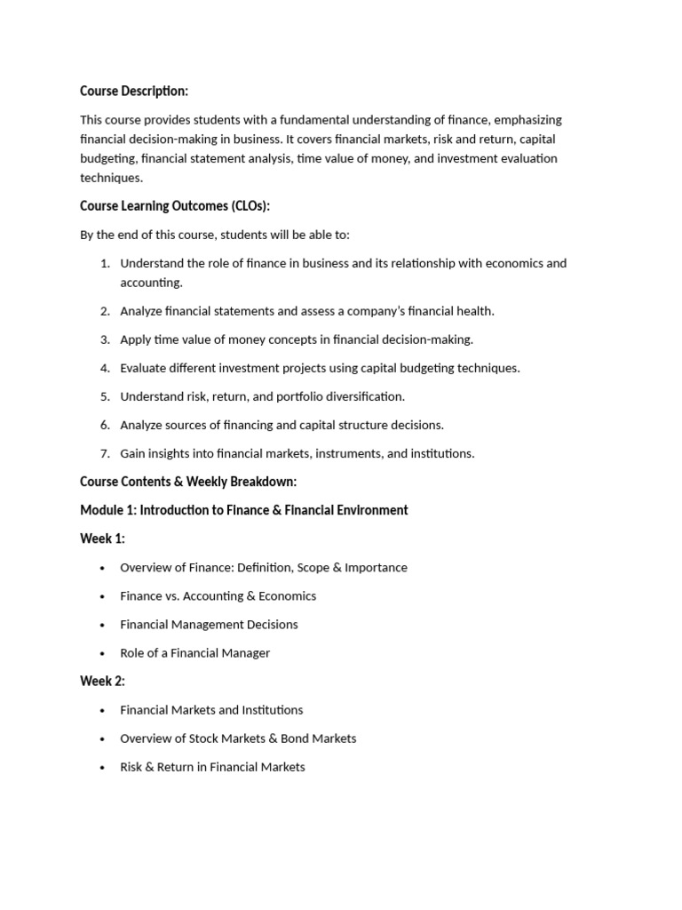 Fundamentals of Finance Course Overview | PDF