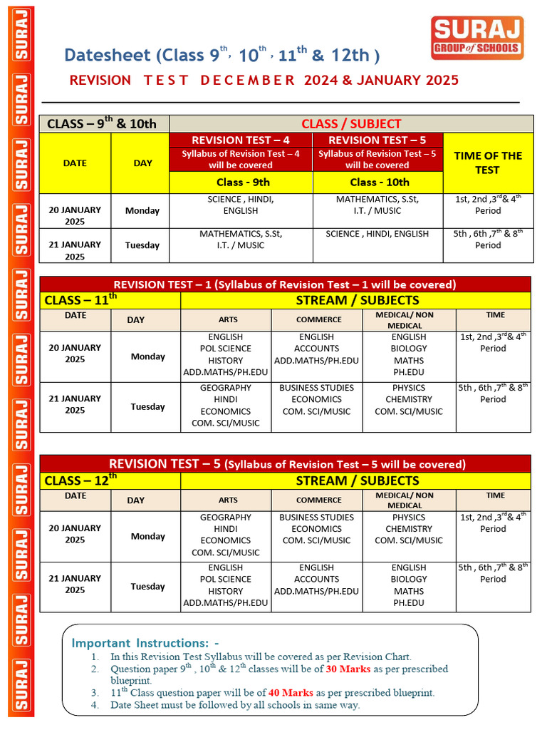 Class 9-12 Revision Test Datesheet 2025 | PDF