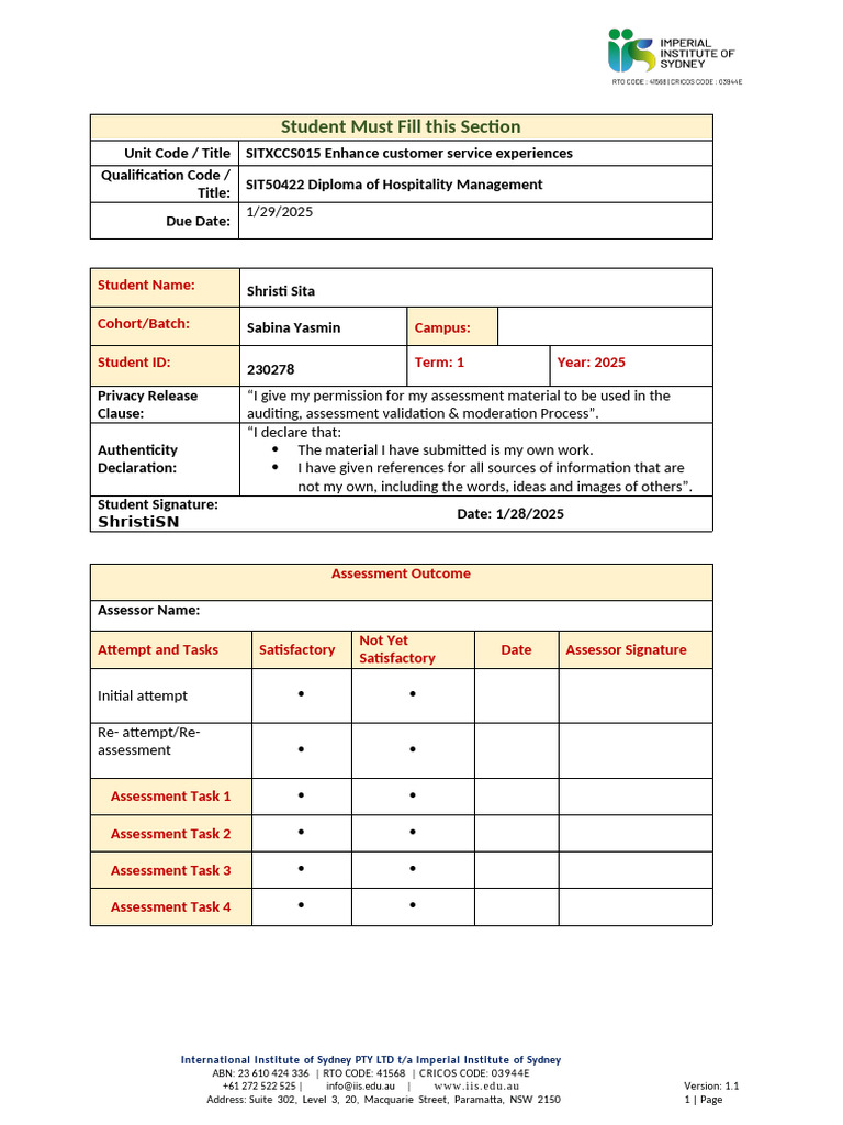 SITXCCS015 Student Assessment Tasks V1.1 | PDF | Communication | Plagiarism