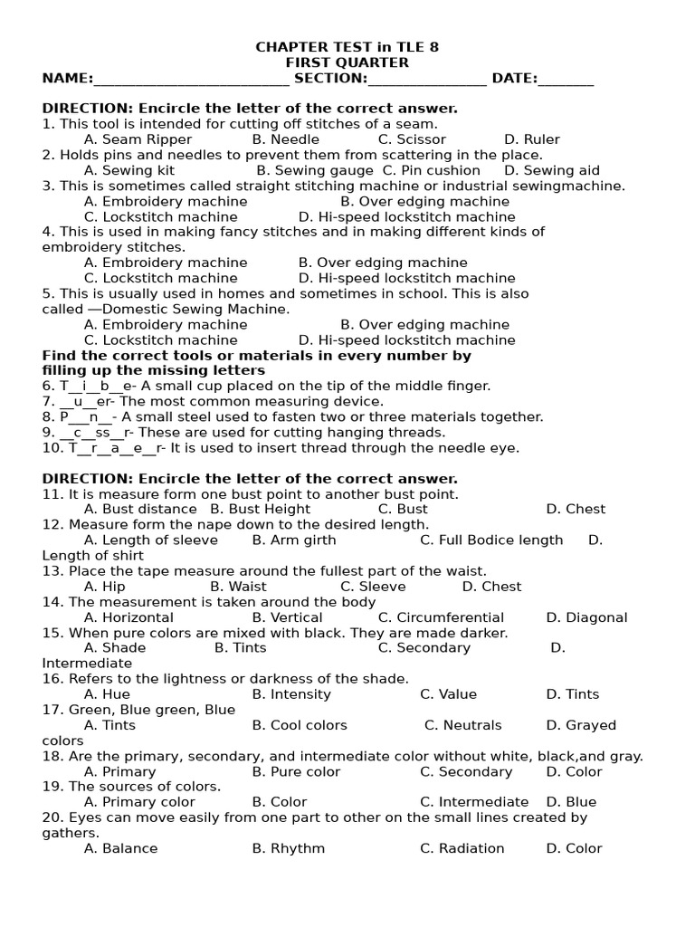 Chapter Test Dressmaking 8 | PDF | Sewing | Sewing Machine
