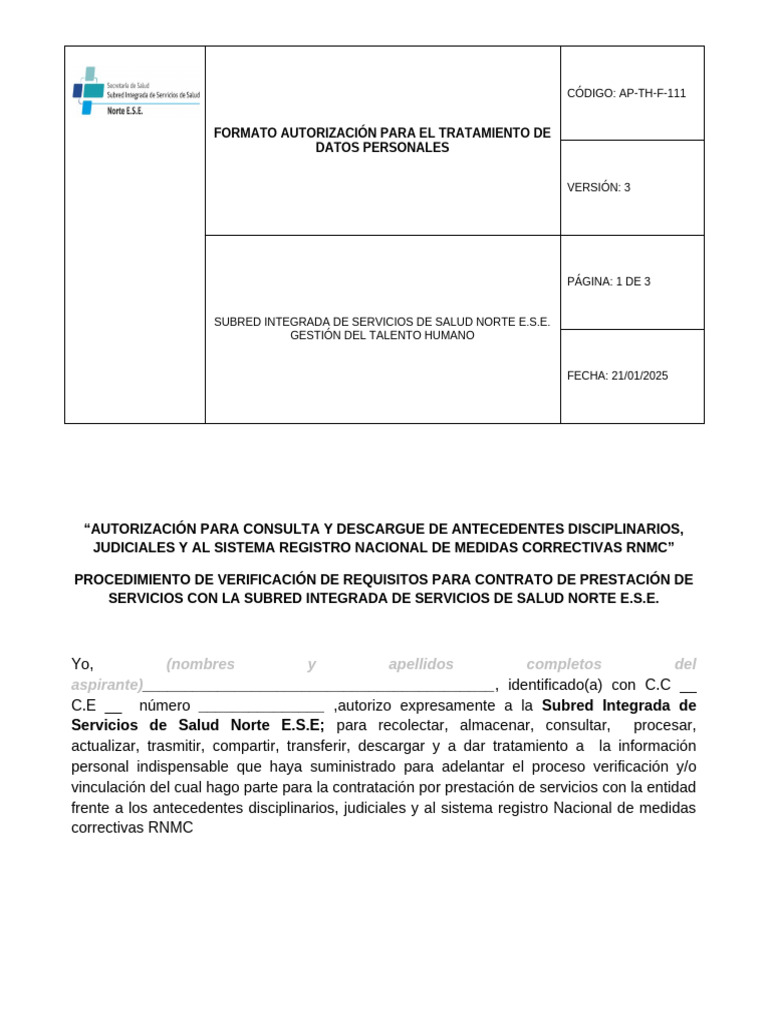 Autorización de Datos Personales E.S.E. | PDF | Informática ...