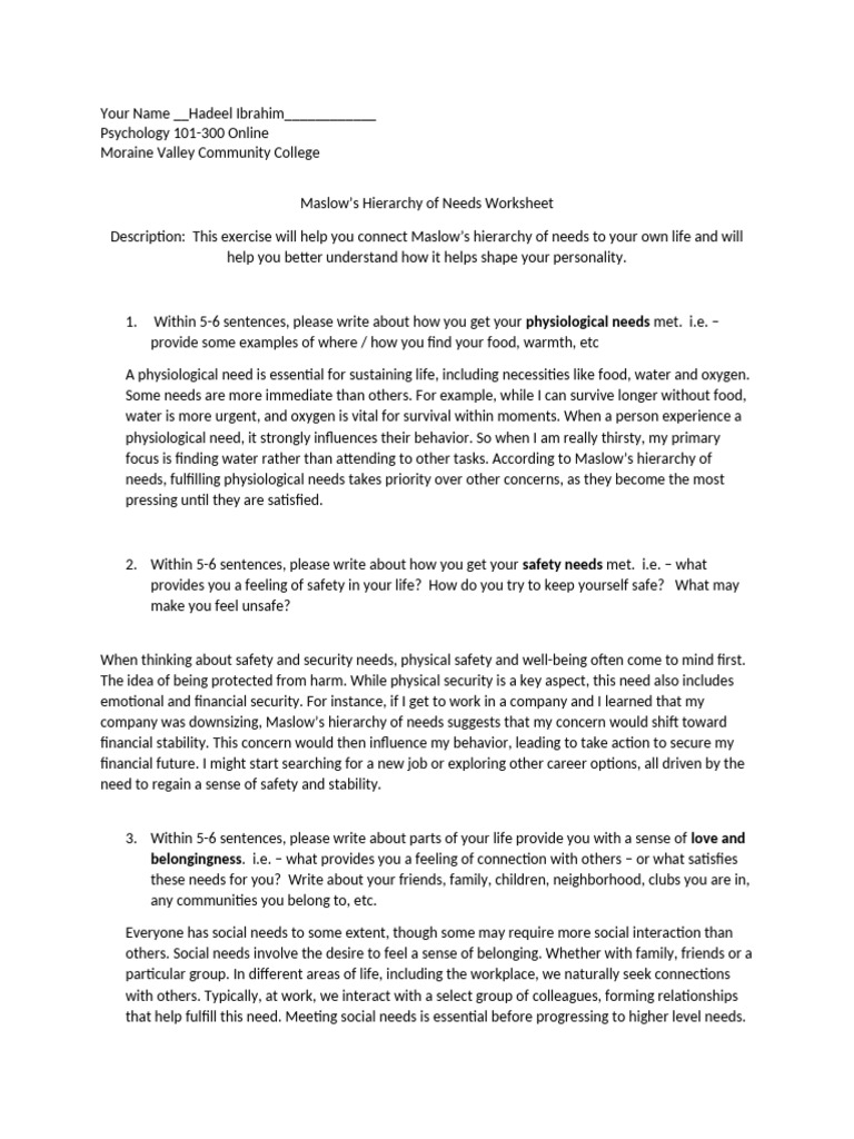 Maslow Hierarchy of Needs Worksheet-1 | PDF | Psychological Schools ...
