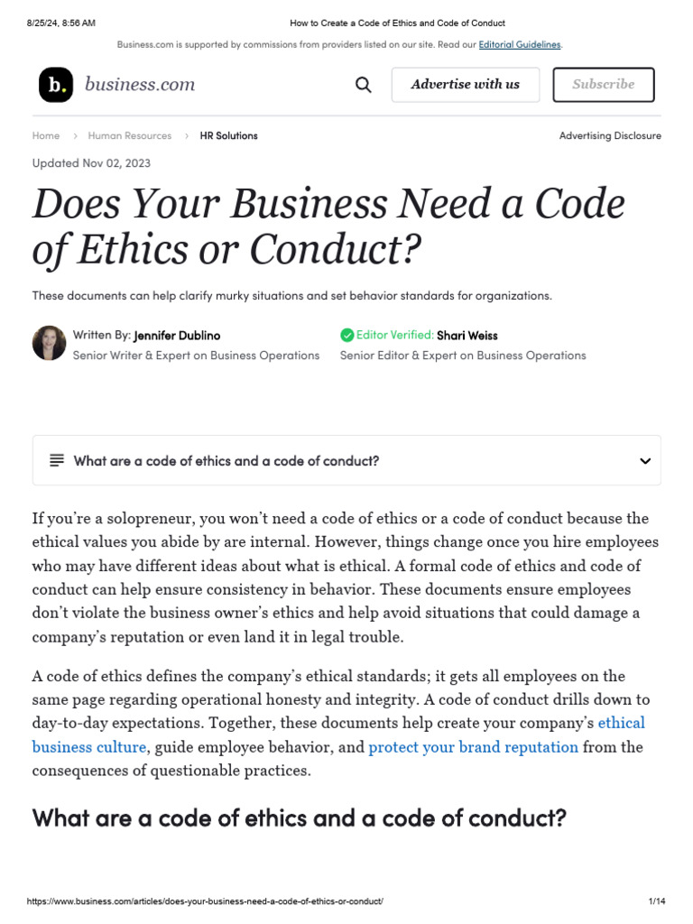 How To Create A Code of Ethics and Code of Conduct | PDF ...