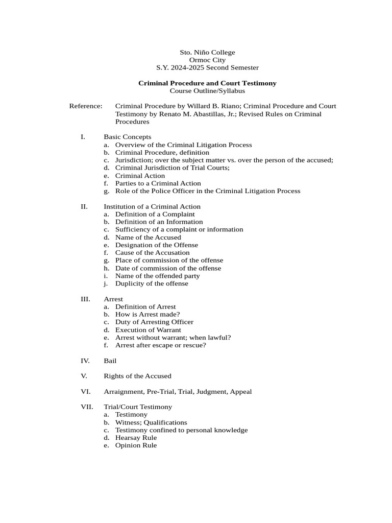 Criminal Procedure Course Syllabus 2024 | PDF