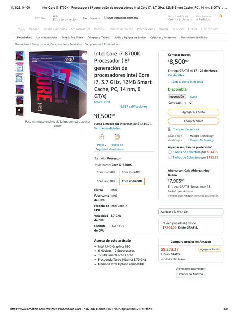 Intel Core I7-8700K - Procesador (8 Generación de Procesadores Intel ...