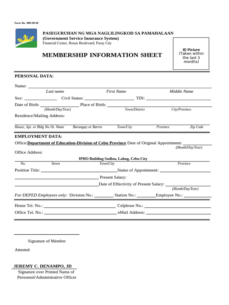 Membership Information Sheet for DEPED | PDF