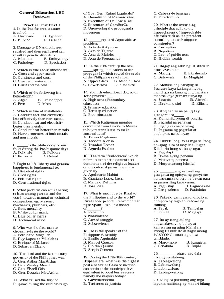 General Education LET Practice Test | PDF | Oxide | Earth
