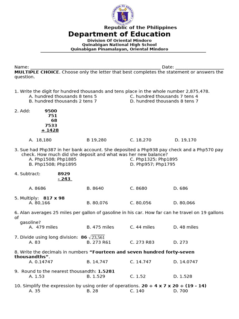 Math 7- Screening Test | PDF