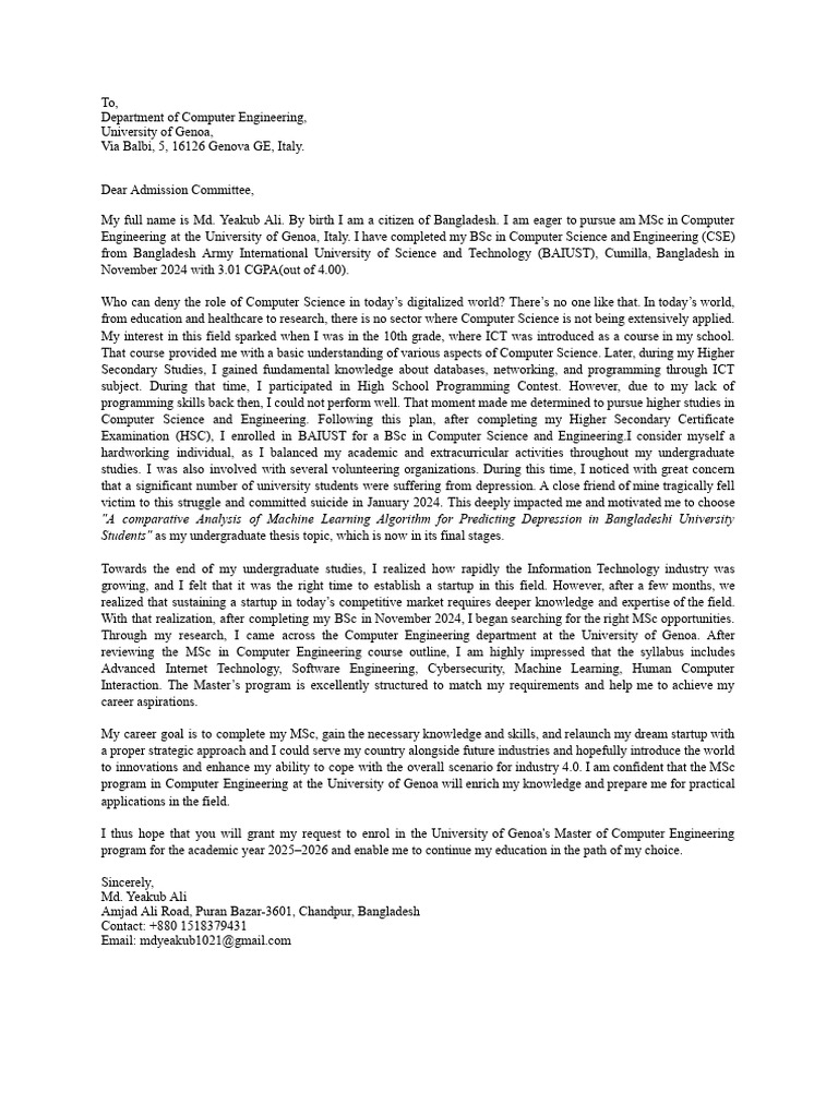 MSc Computer Engineering Application Letter | PDF | Startup Company ...