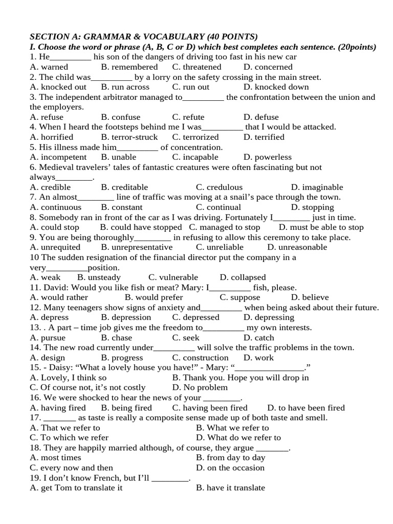 Grammar and Vocabulary Test Practice | PDF