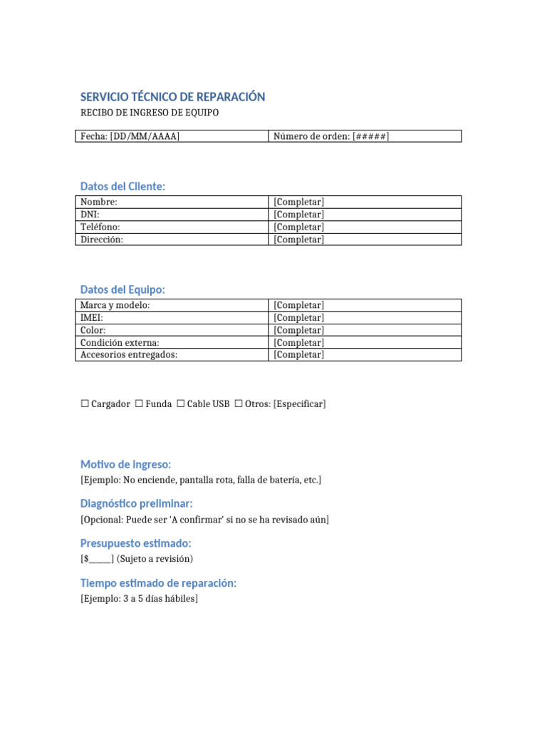 Recibo de Servicio Técnico de Celulares | PDF | Informática