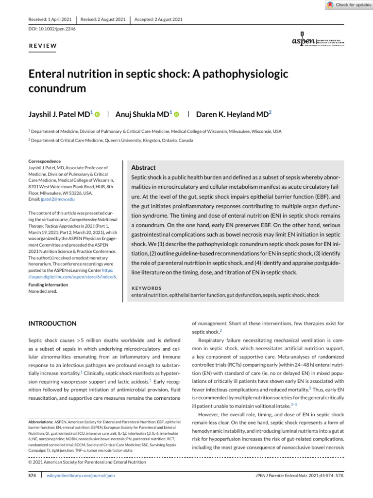 Enteral Nutrition Challenges in Septic Shock | PDF | Sepsis | Shock ...