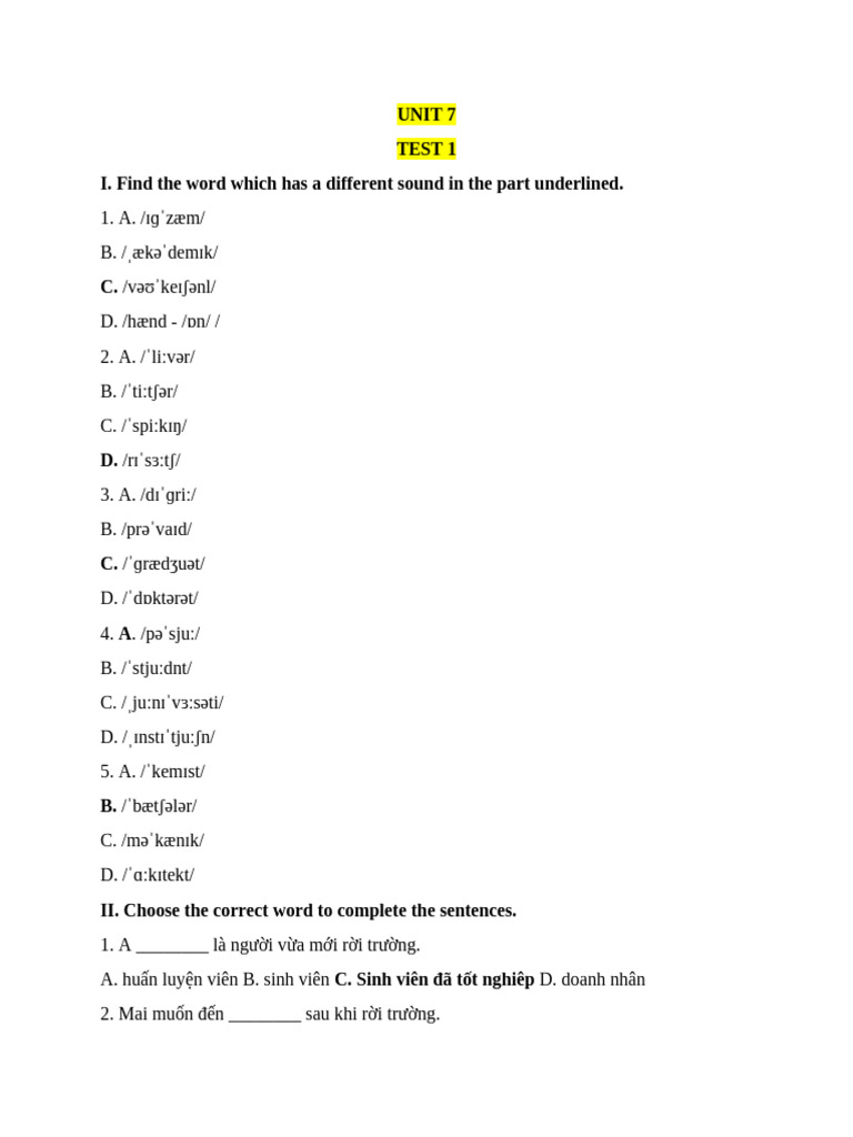 Answer Test Unit 7 | PDF