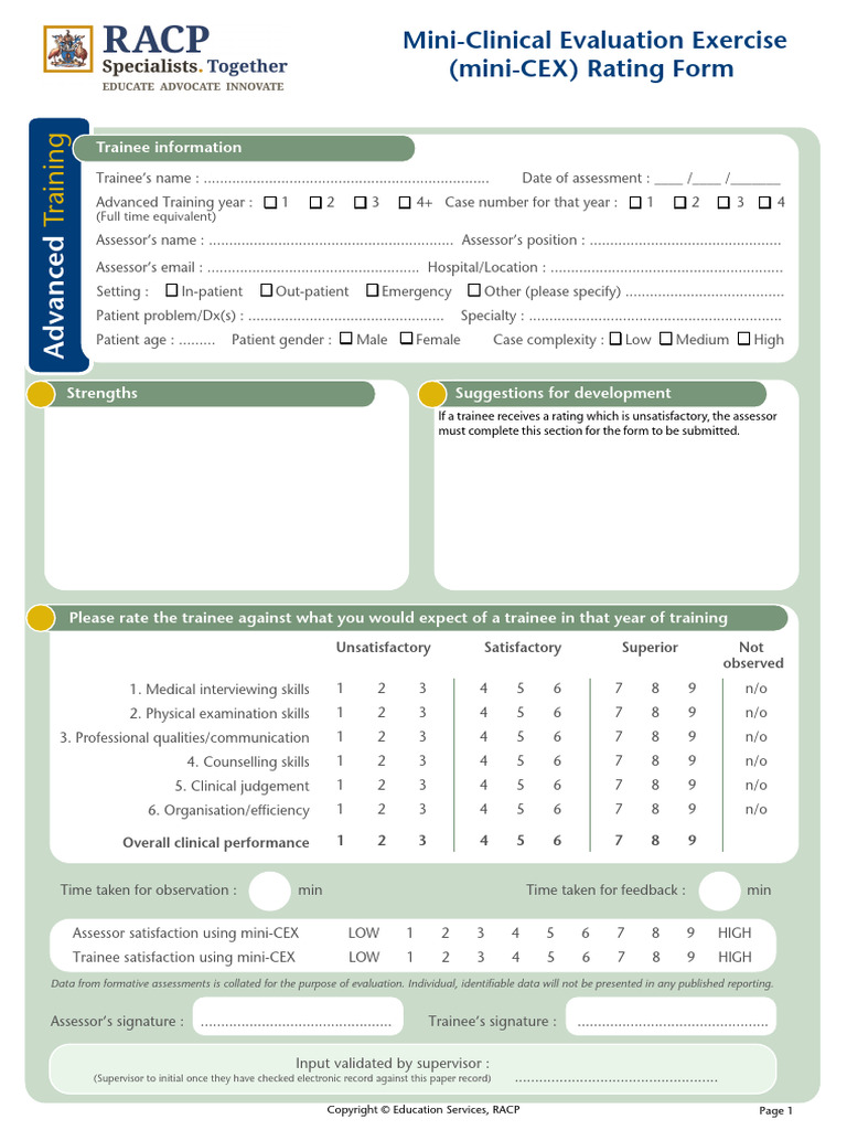 RACP Mini-CEX Advanced Training Form | PDF | Physical Examination ...