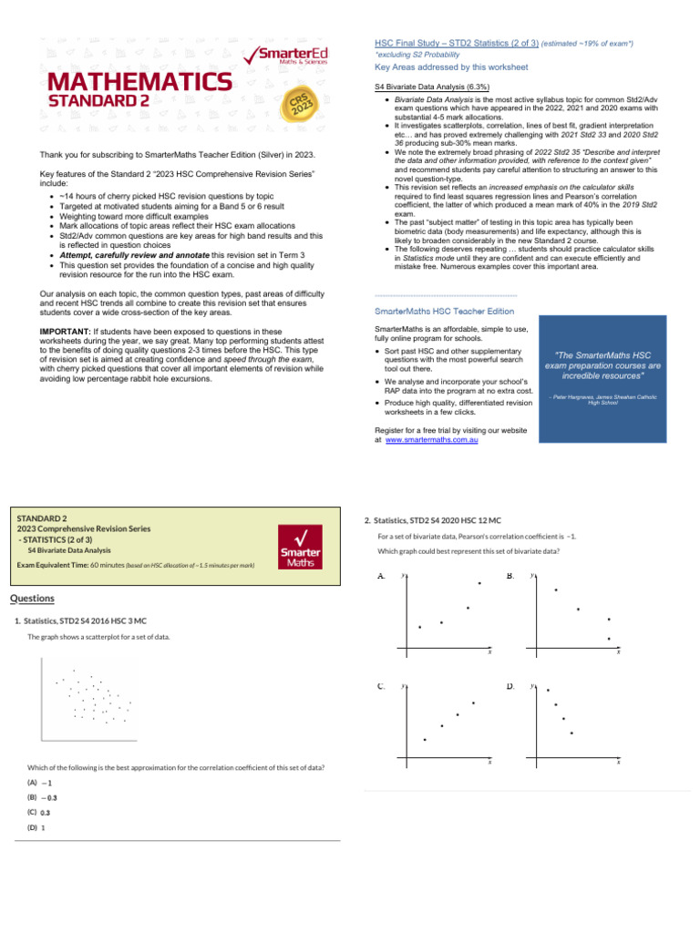 HSC Statistics: Bivariate Data Revision | PDF | Linear Regression ...