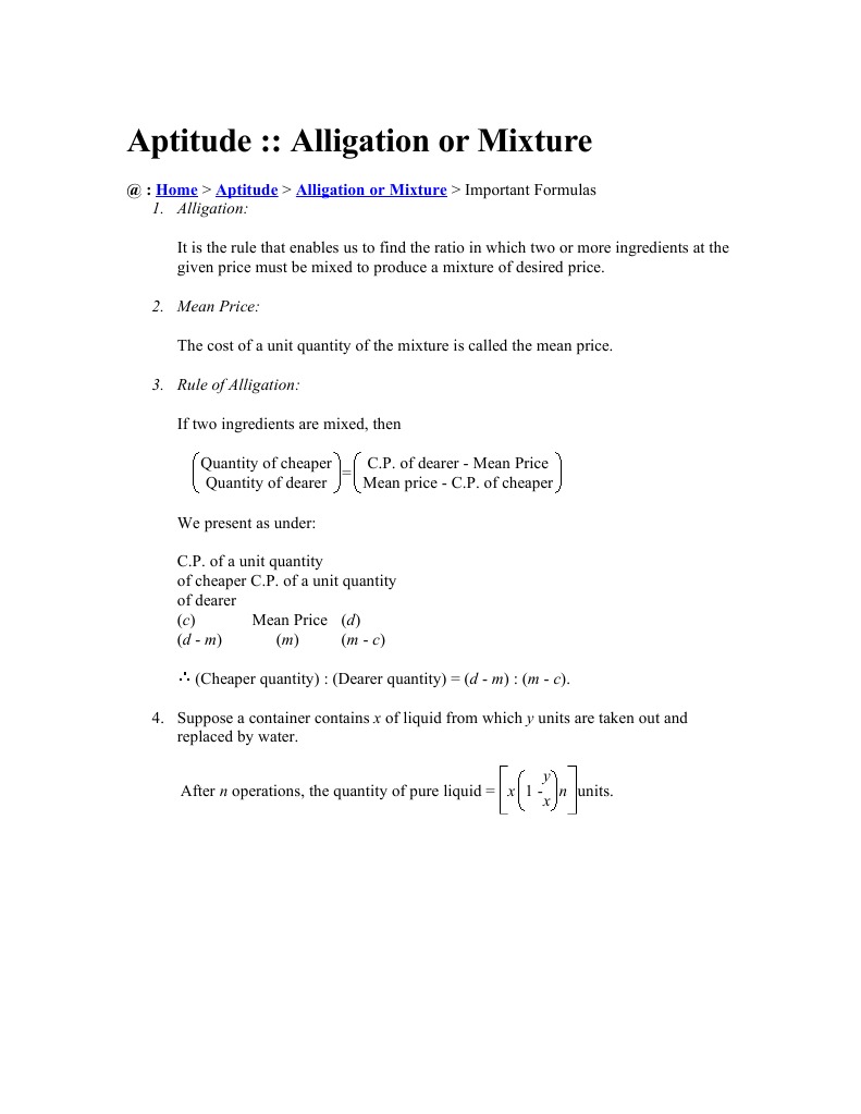 Alligation and Mixture Formulas Explained | PDF