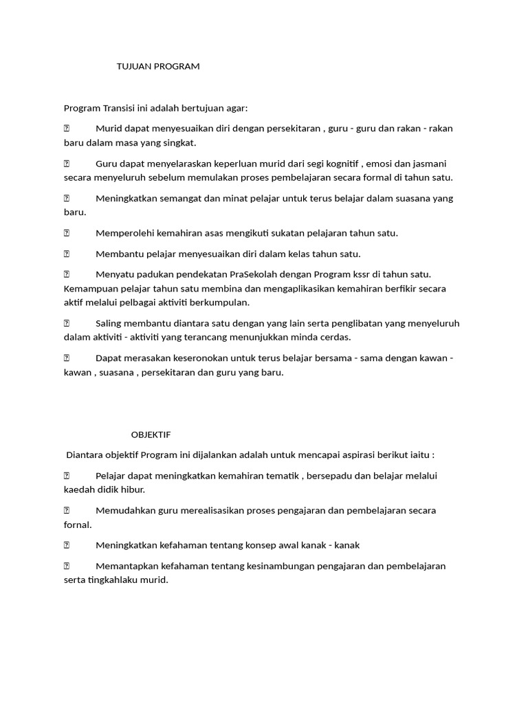Tujuan Program Transisi Murid | PDF