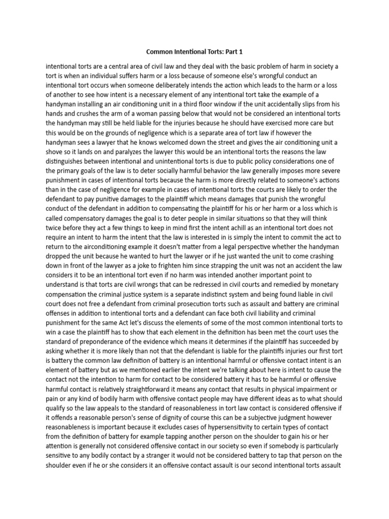 Understanding Intentional Torts Explained PDF Tort Assault