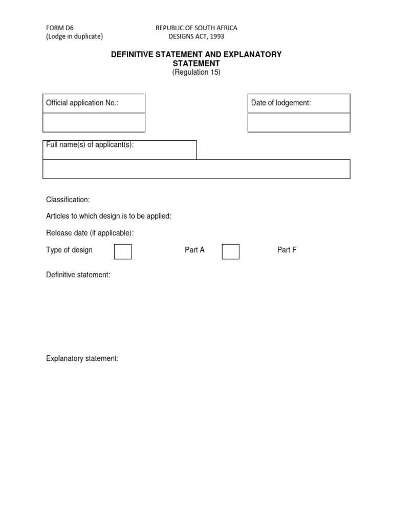 South Africa Design Application Form D6 | PDF