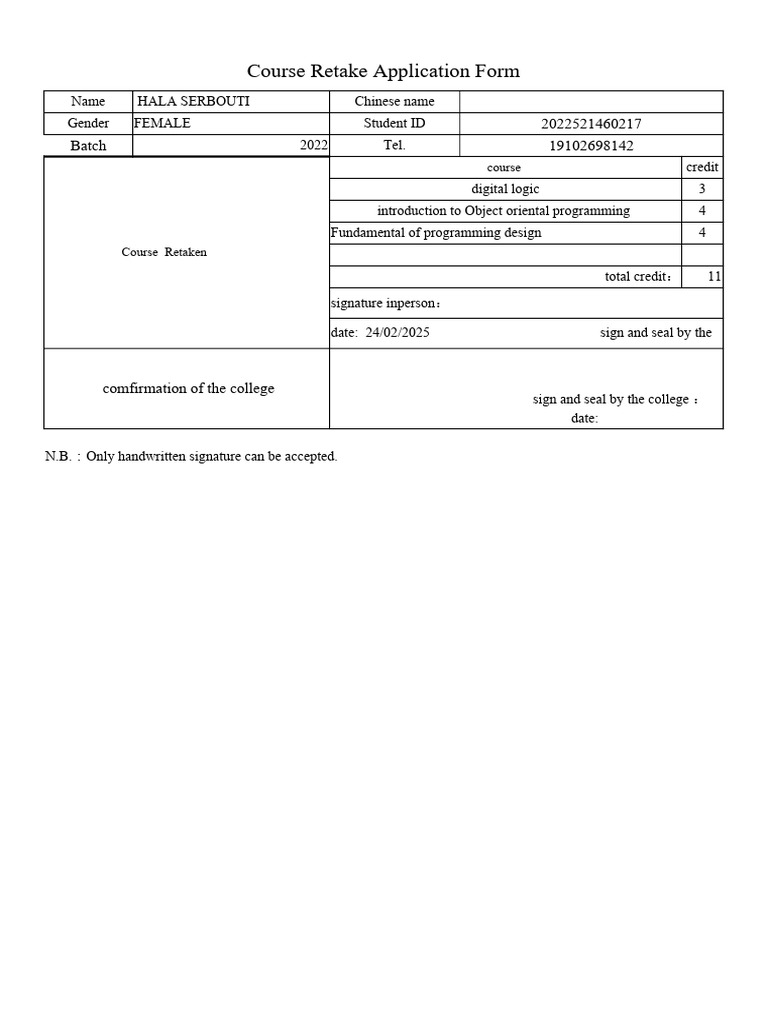 Course Retake Application Form | PDF