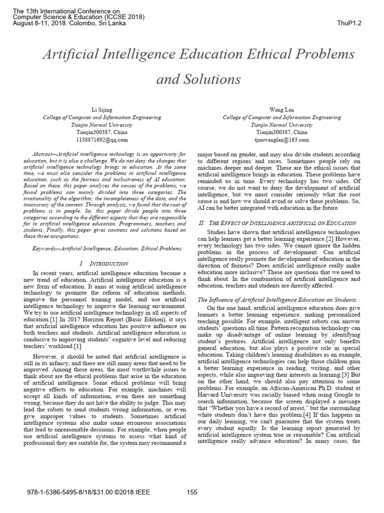 Artificial Intelligence Education Ethical Problems And Solutions Pdf