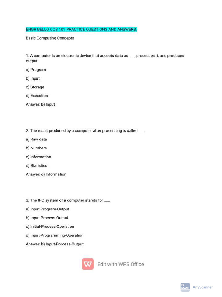 Engr. Bello's Cos 101 Practice Questions and Answers | PDF