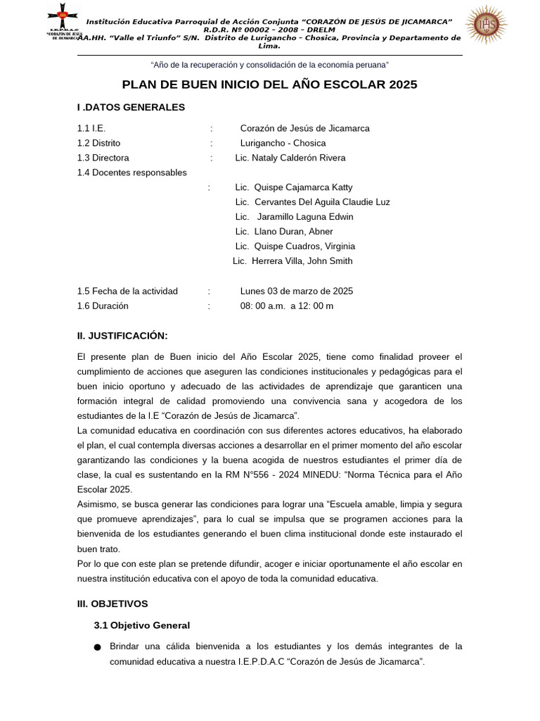 Plan de Buen Inicio Escolar 2025 Jicamarca | PDF | Aprendizaje | Academia