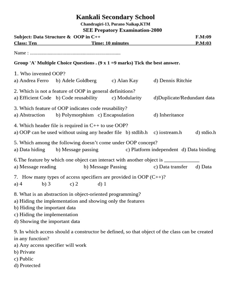 SEE Exam: Data Structures & OOP C++ | PDF | Object Oriented Programming ...