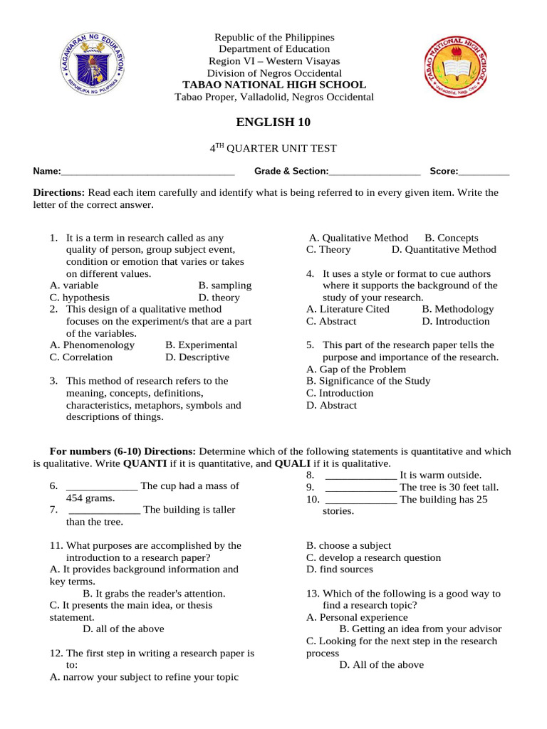 4TH QUARTER UNIT TEST | PDF | Infection | Virus