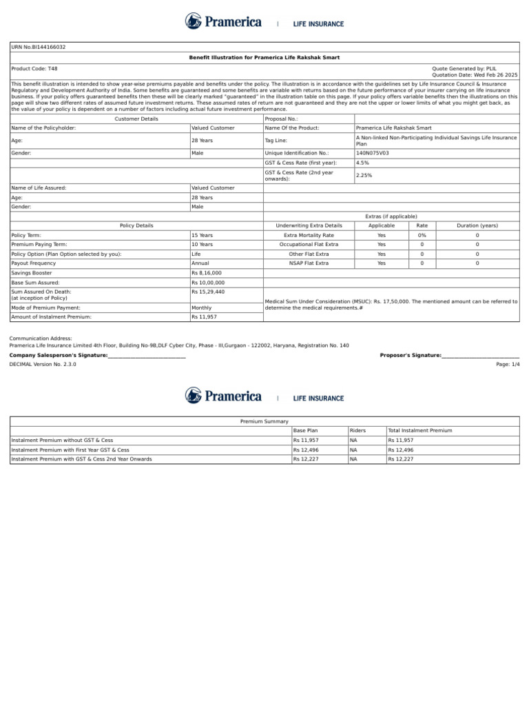 Pramerica Life Rakshak Smart Benefits Summary | PDF | Insurance | Life ...