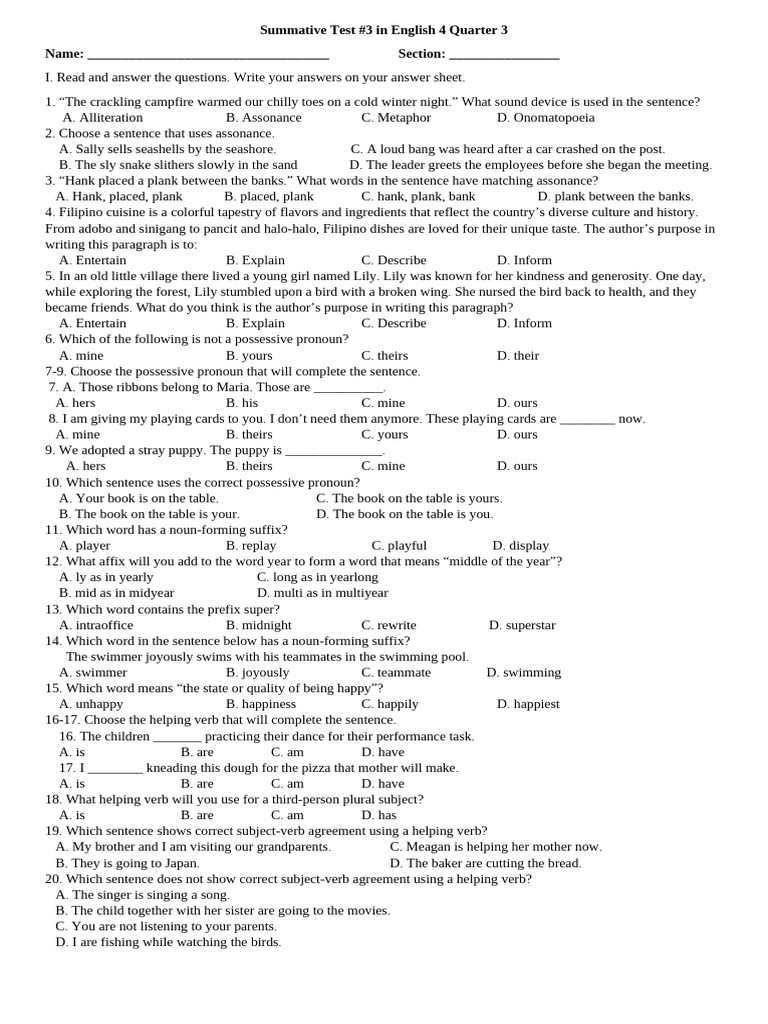 English 4 Summative Test #3 Guide | PDF | Syntax | Grammar