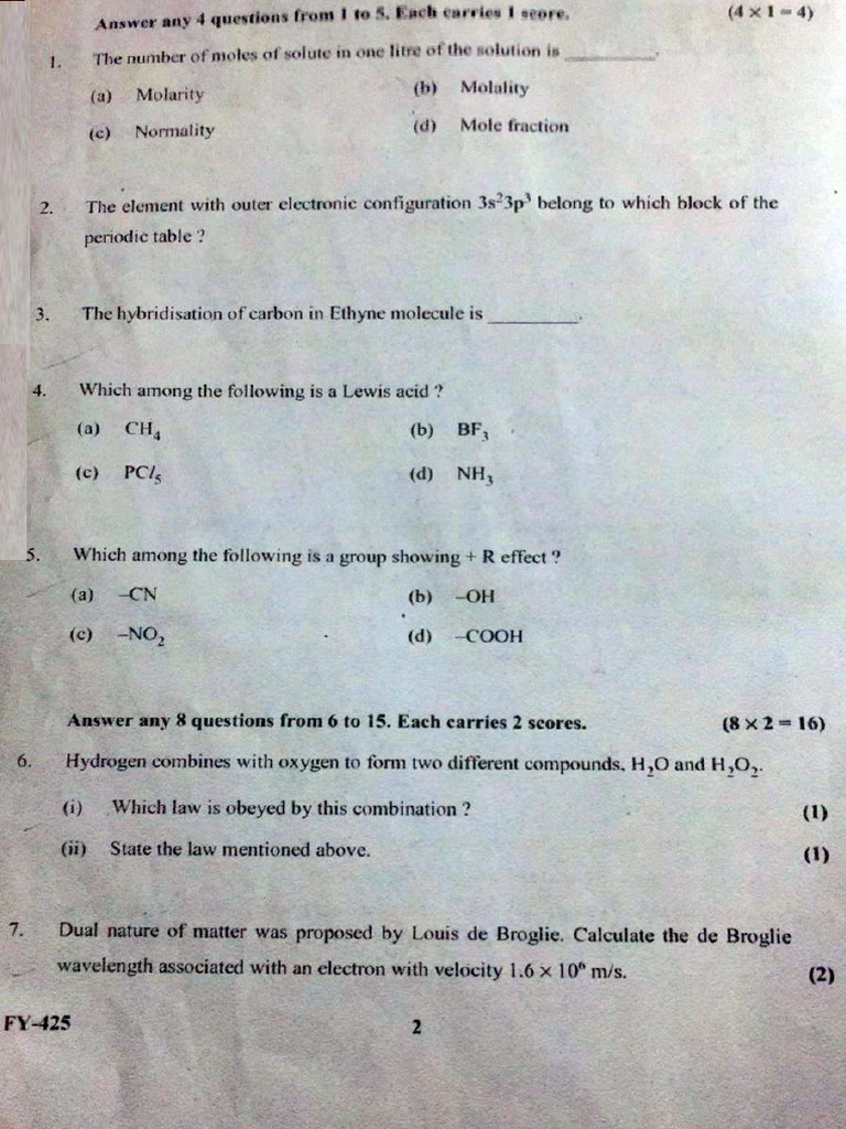 Plus One Board Exam 2024 Chemistry Question Paper | PDF