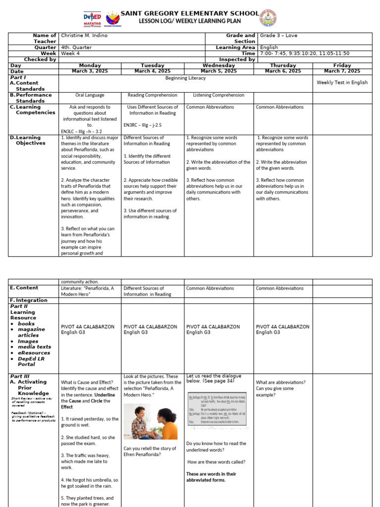 Grade 3 English Weekly Learning Plan | PDF | Reading Comprehension ...