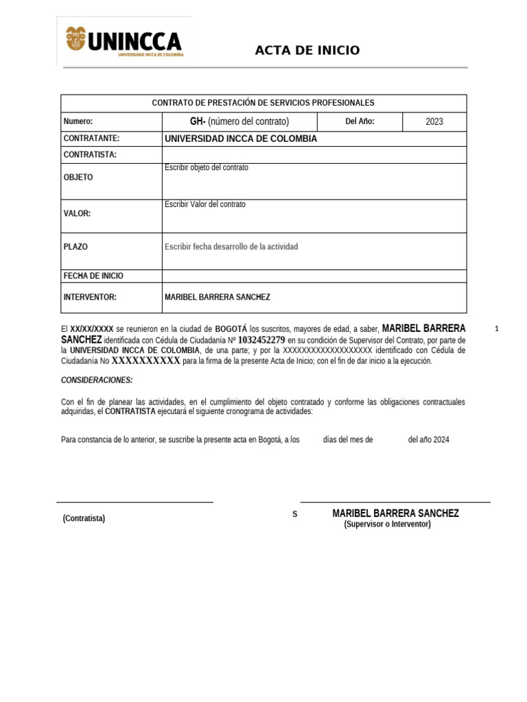 Acta de Inicio Contrato Servicios 2023 | PDF