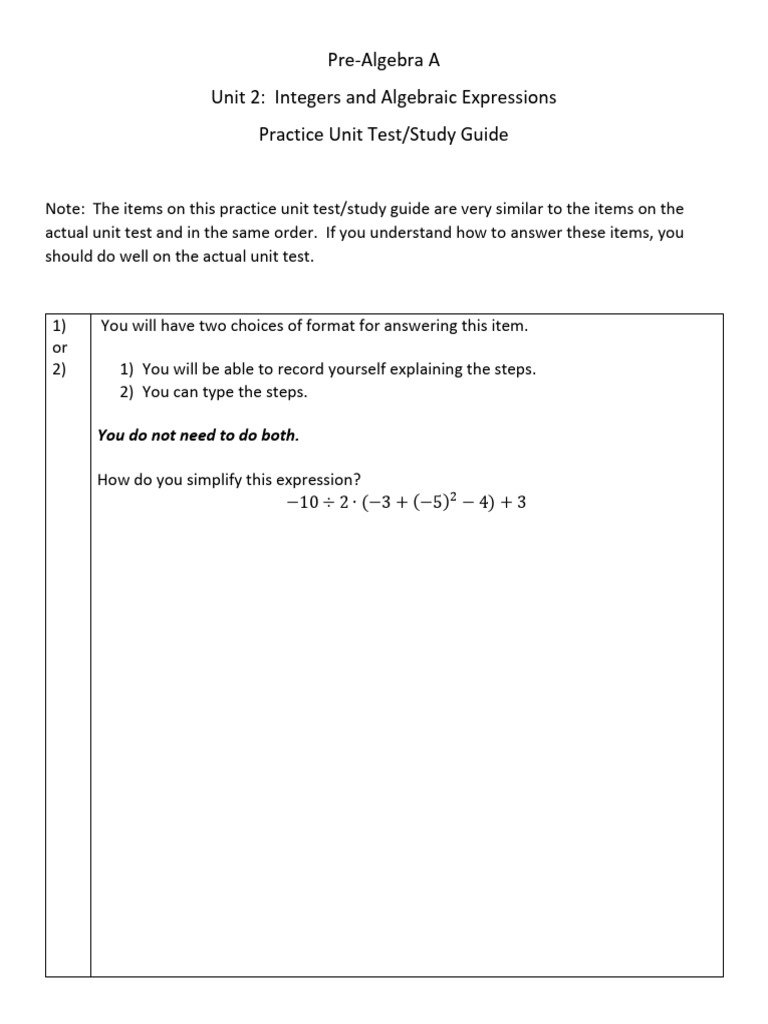 Pre-Algebra Unit 2 Study Guide | PDF | Mathematics | Algebra