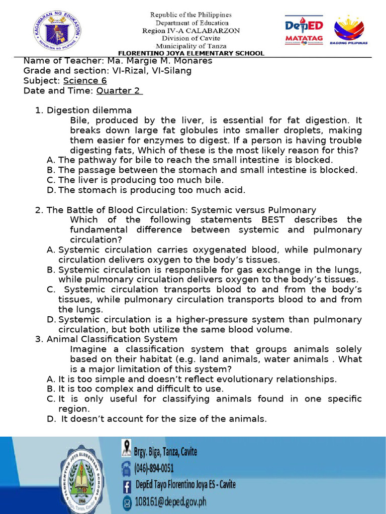 Q2 - Science 6-Solo-Test-1-5 | PDF | Circulatory System | Digestion