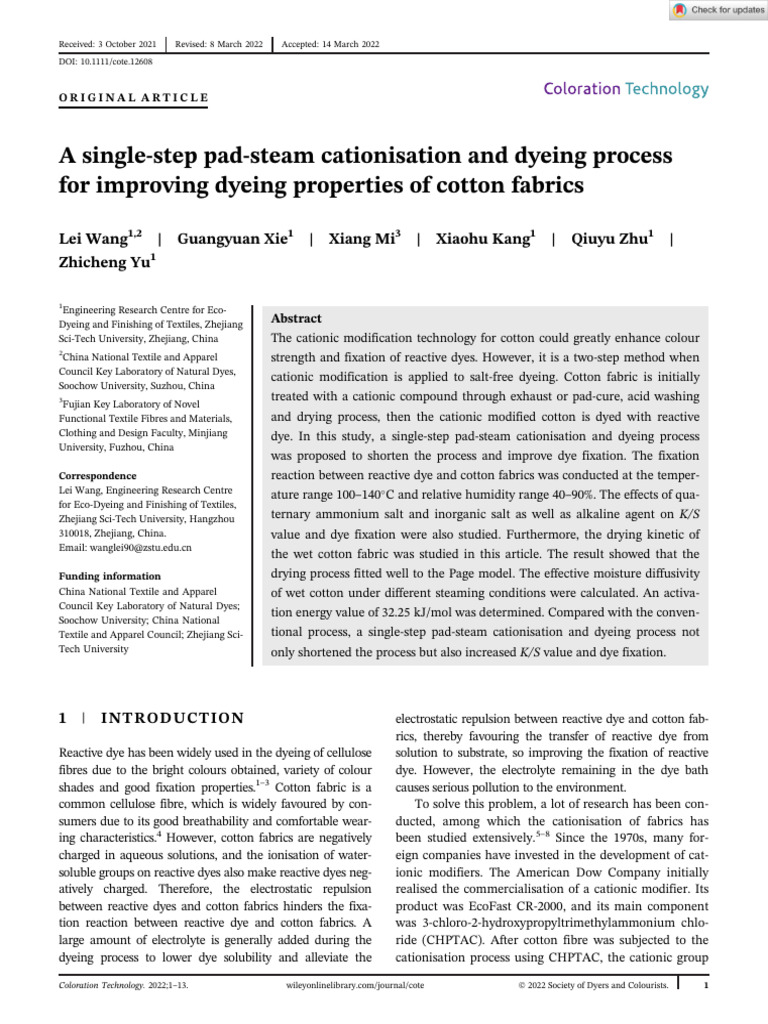 A Single-Step Pad-Steam Cationisation and Dyeing Process For Improving ...