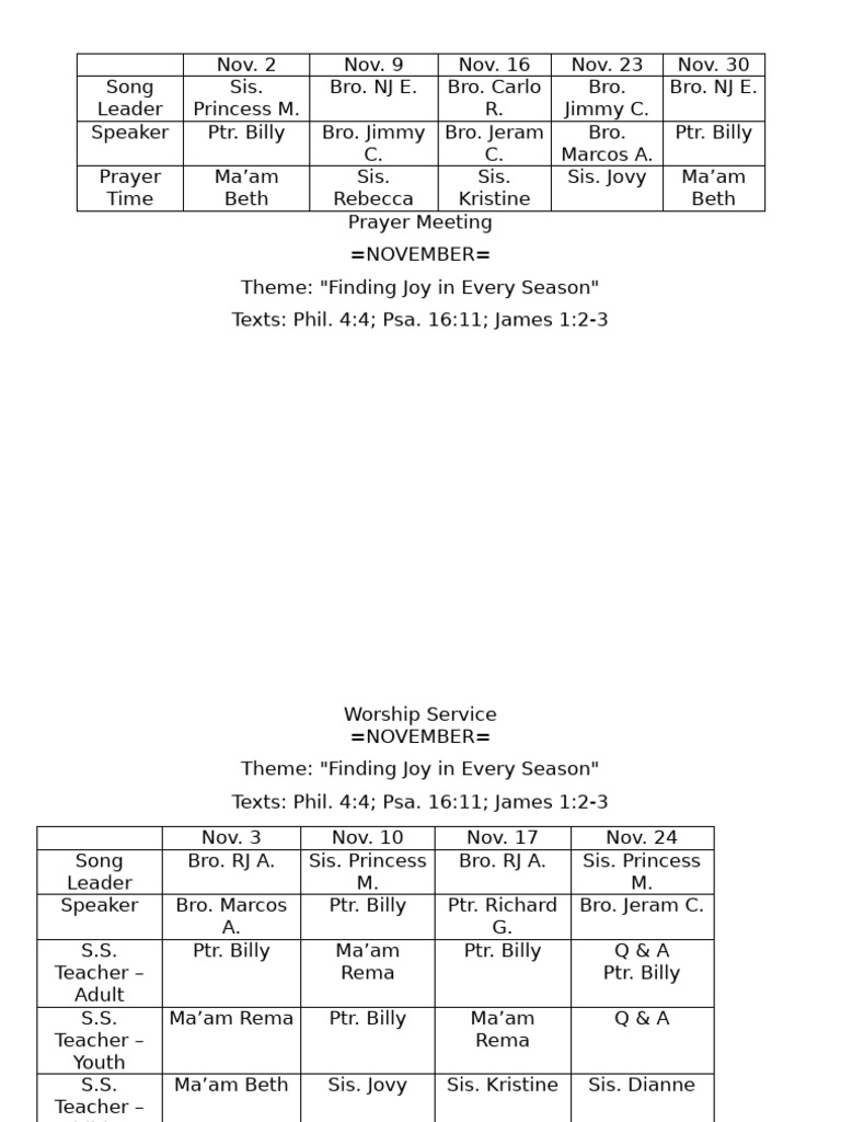 November Worship Schedule & Themes | PDF