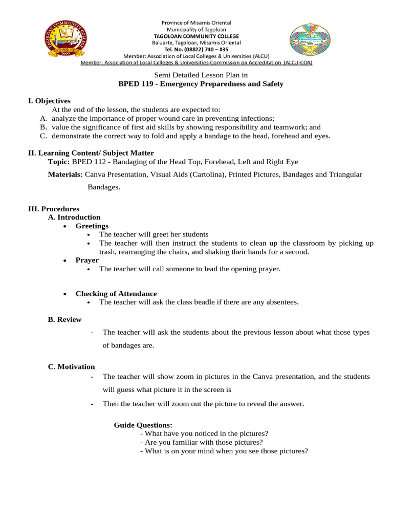 Bandaging Techniques for First Aid | PDF | First Aid | Lesson Plan
