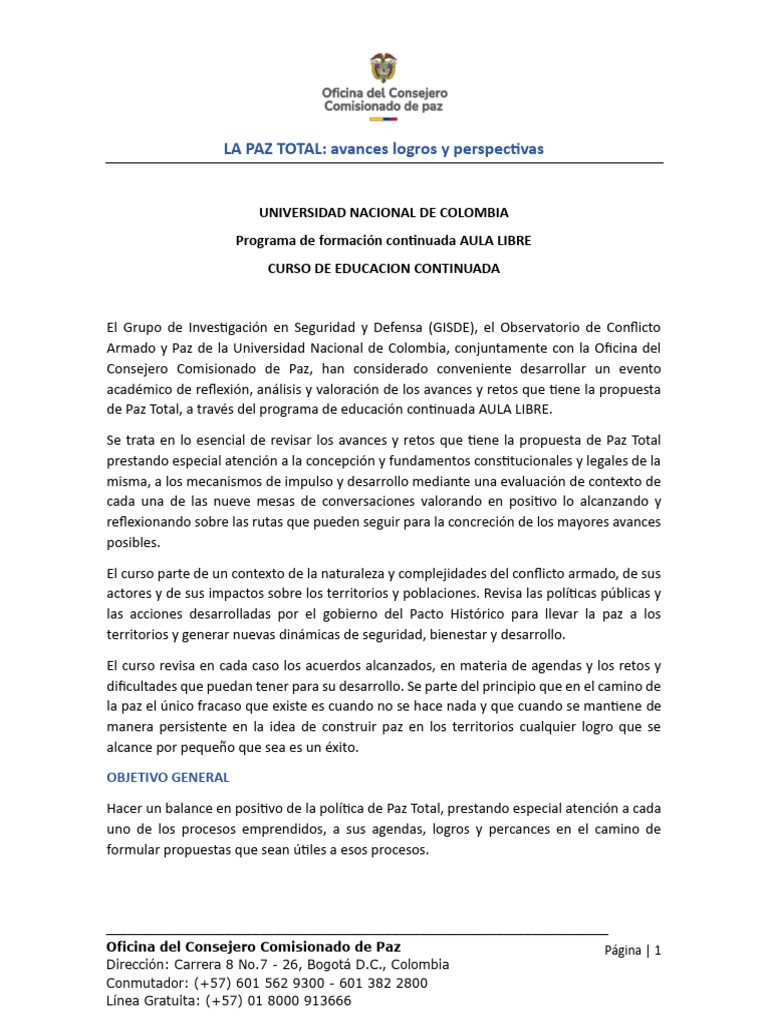 Avances y Retos de la Paz Total en Colombia | PDF