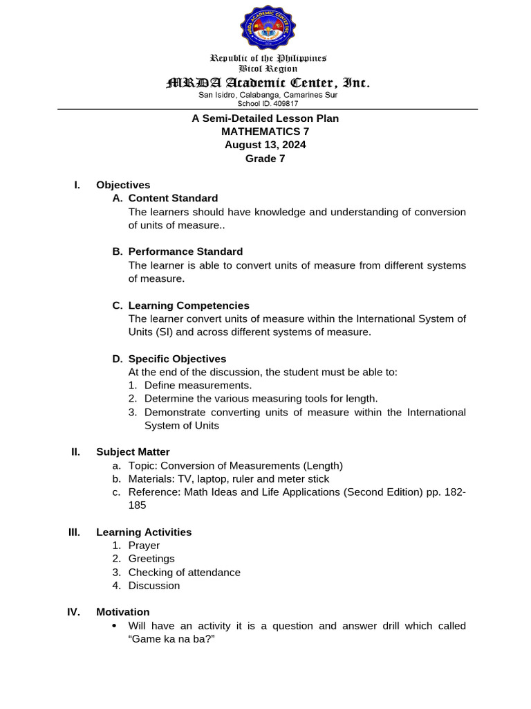 Grade 7 Unit Conversion Lesson Plan | PDF | Lesson Plan | Mathematics