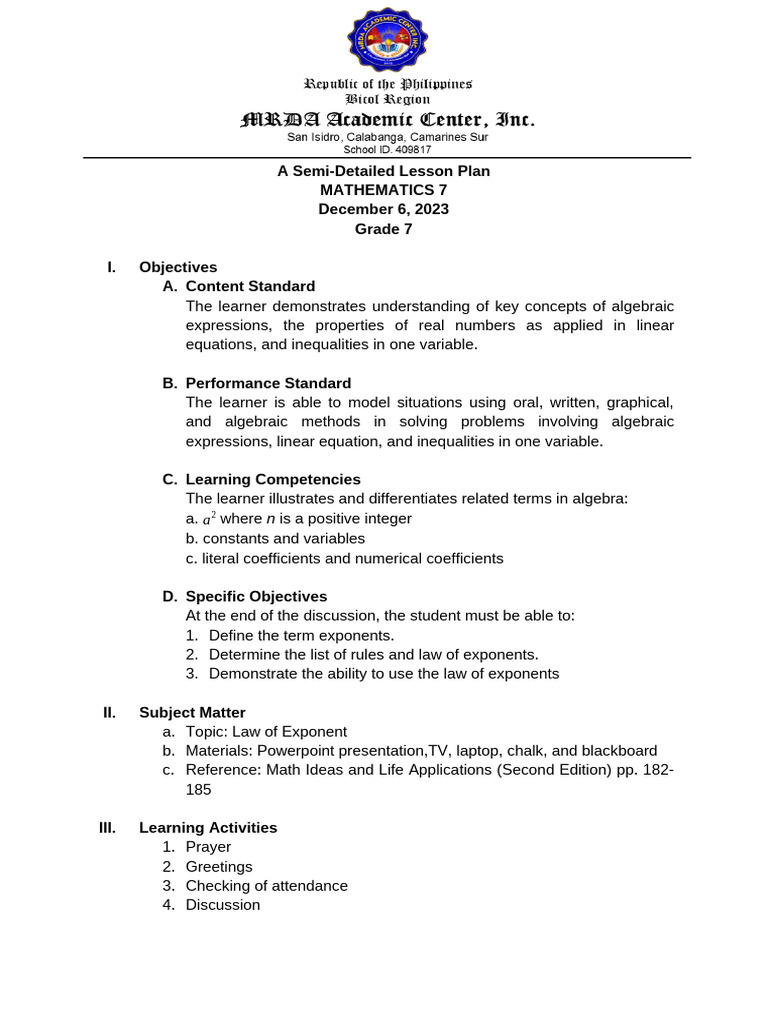 Semi-Detailed Lesson Plan in Math 7 | PDF | Equations | Algebra